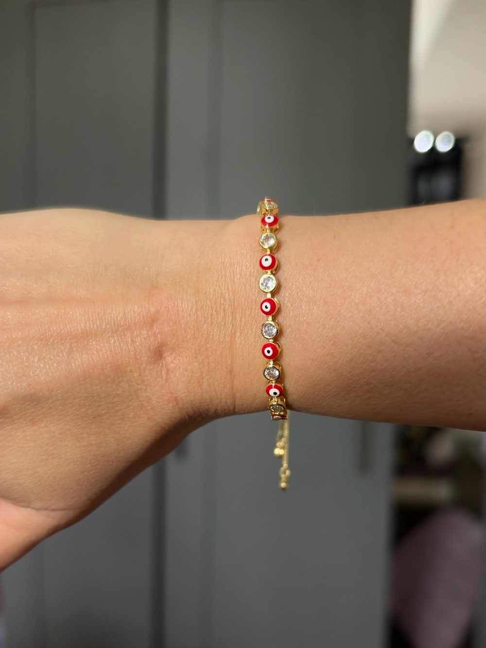 Gold Chain Bracelet with Red Enamel and Crystal Accents